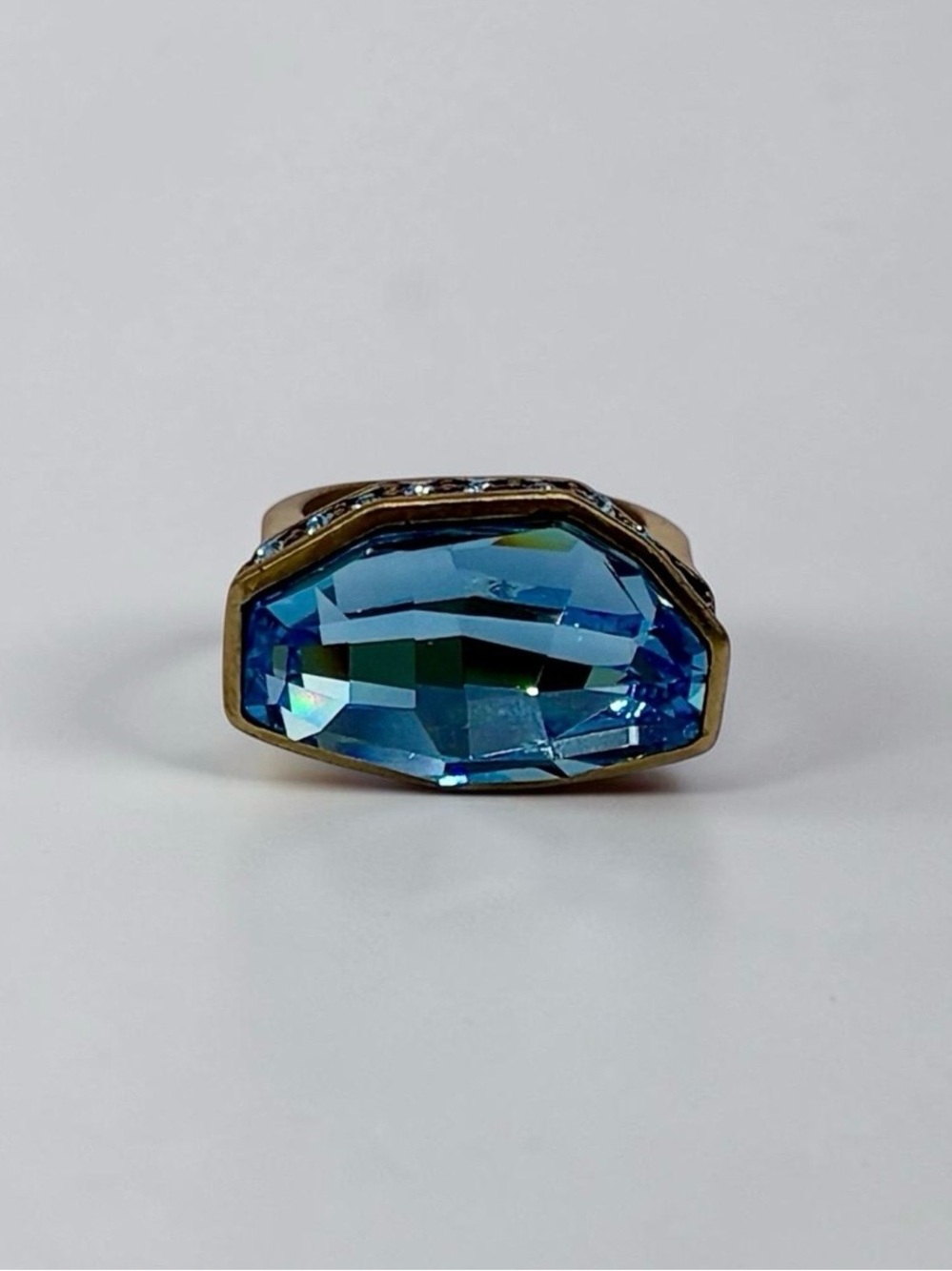 Heidi Daus Brass-Tone Blue Crystal Statement Cocktail Ring Size 7